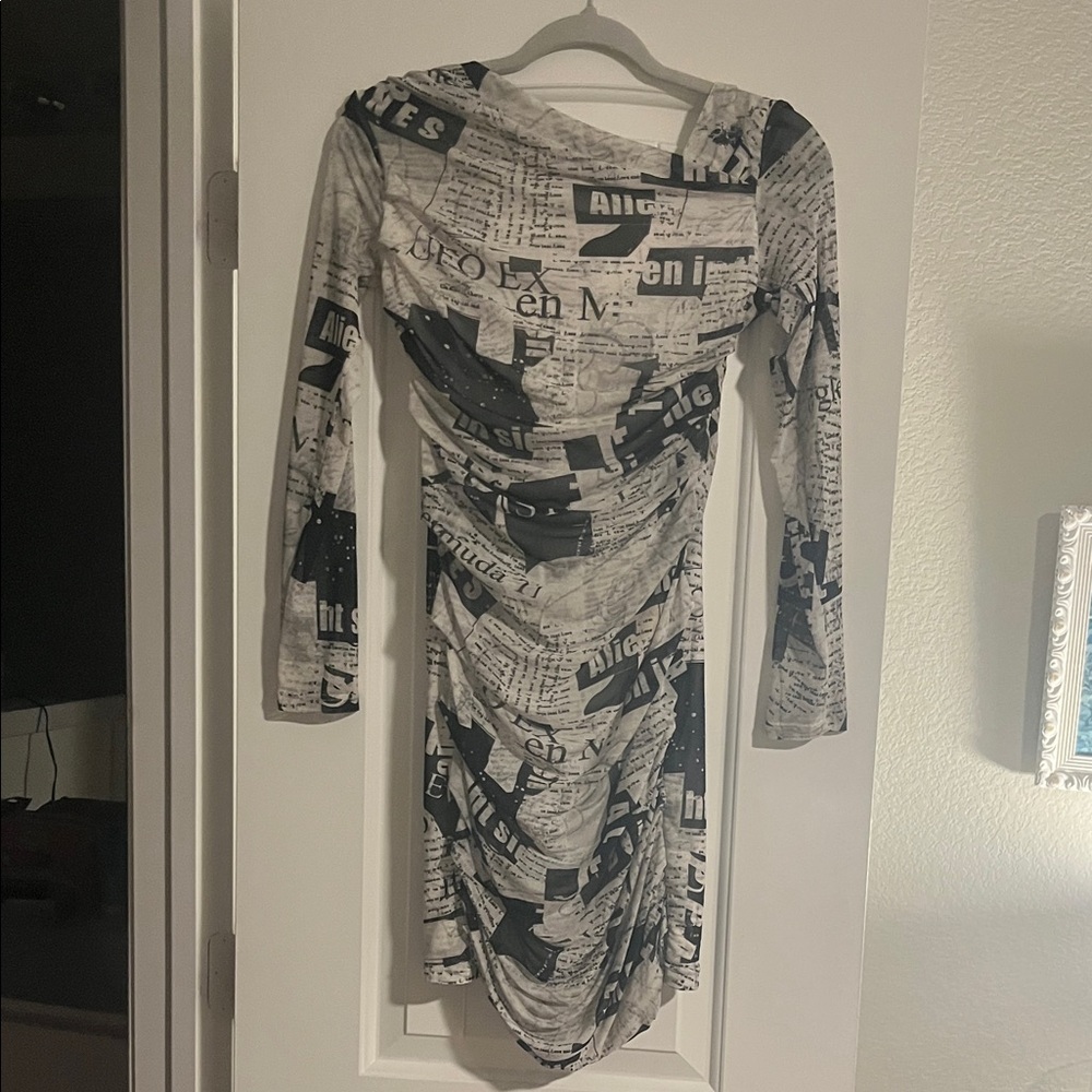 Zara Black & White Newspaper-Print Long Sleeve Ruched Dress